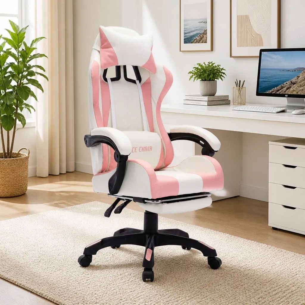 Racing Chair Faux Leather Adjustable Reclining Footrest Pink