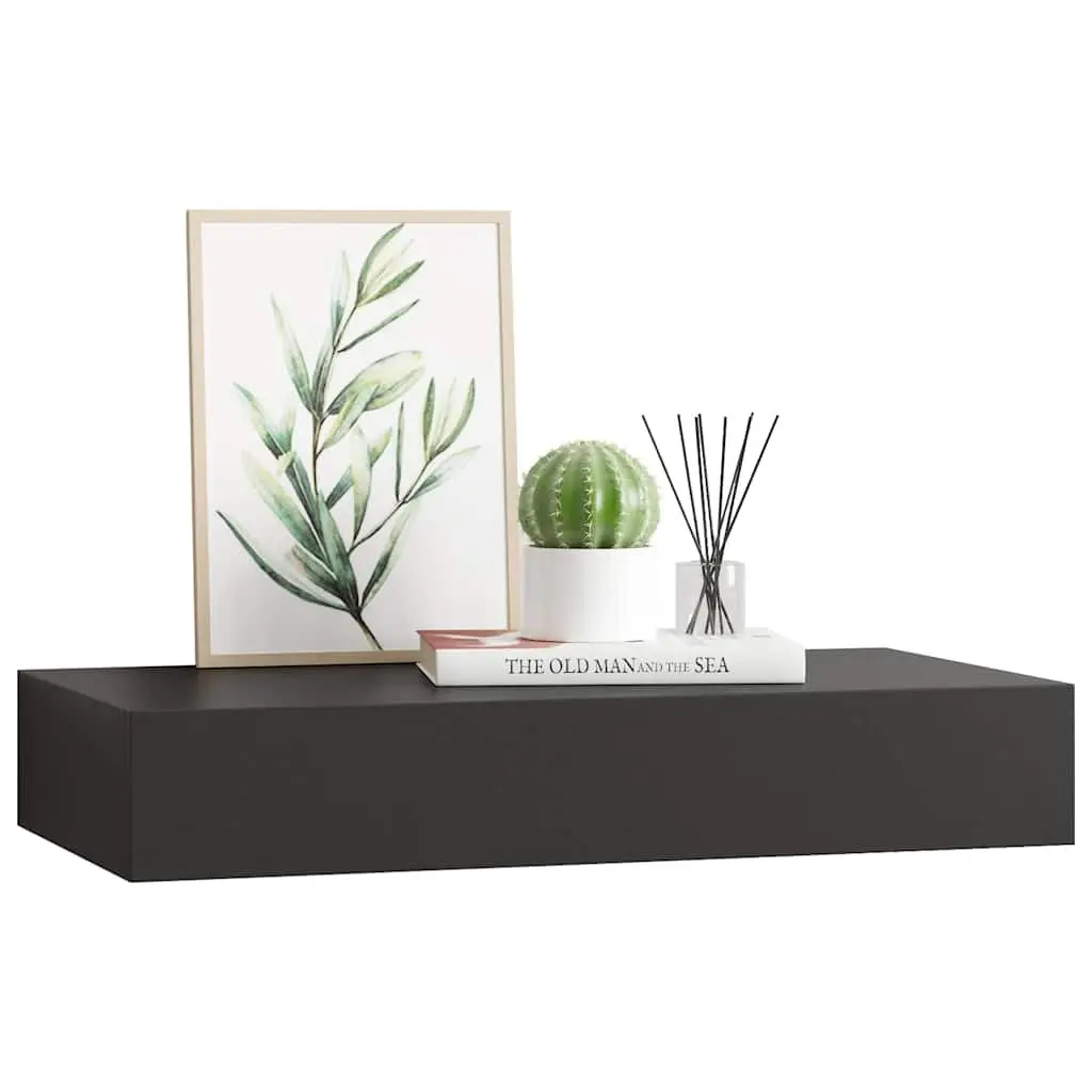 Floating Wall Shelf MDF Black 48x25x8 cm with Drawer Display Storage Organizer
