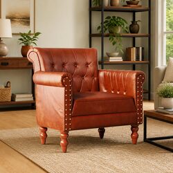 Armchair Brown Real Goat Leather Upholstered Solid Mango Wood Legs Living Room