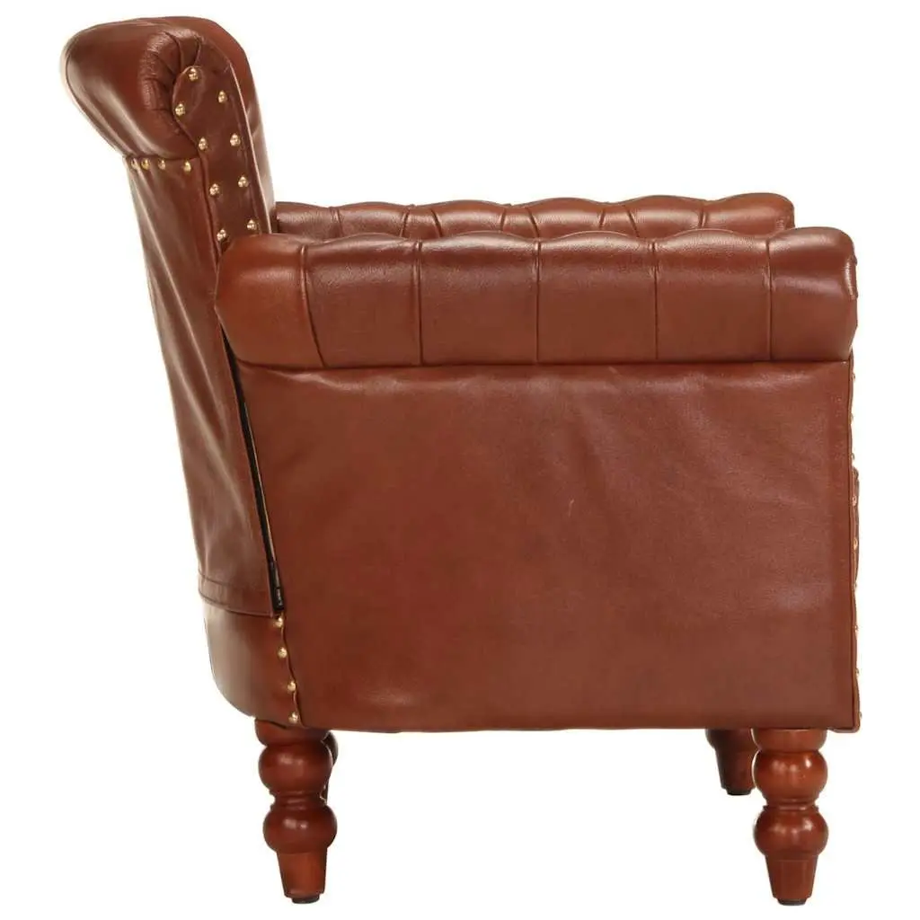 Brown Armchair Solid Mango Wood Legs Upholstered in Real Goat Leather for Living Room