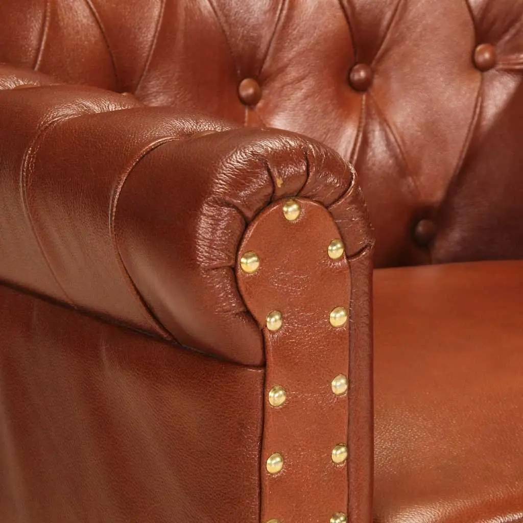 Brown Armchair Solid Mango Wood Legs Upholstered in Real Goat Leather for Living Room