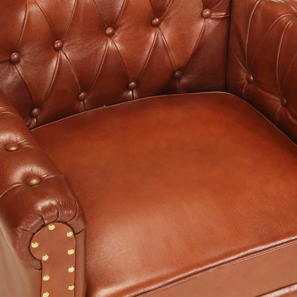 Brown Armchair Solid Mango Wood Legs Upholstered in Real Goat Leather for Living Room
