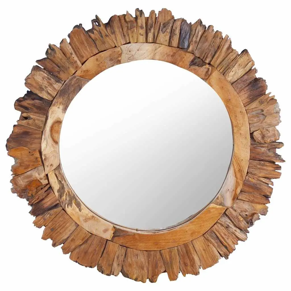 Round Wall Mirror 60 cm Petal Design Teak Wood Frame Home Decor Bathroom
