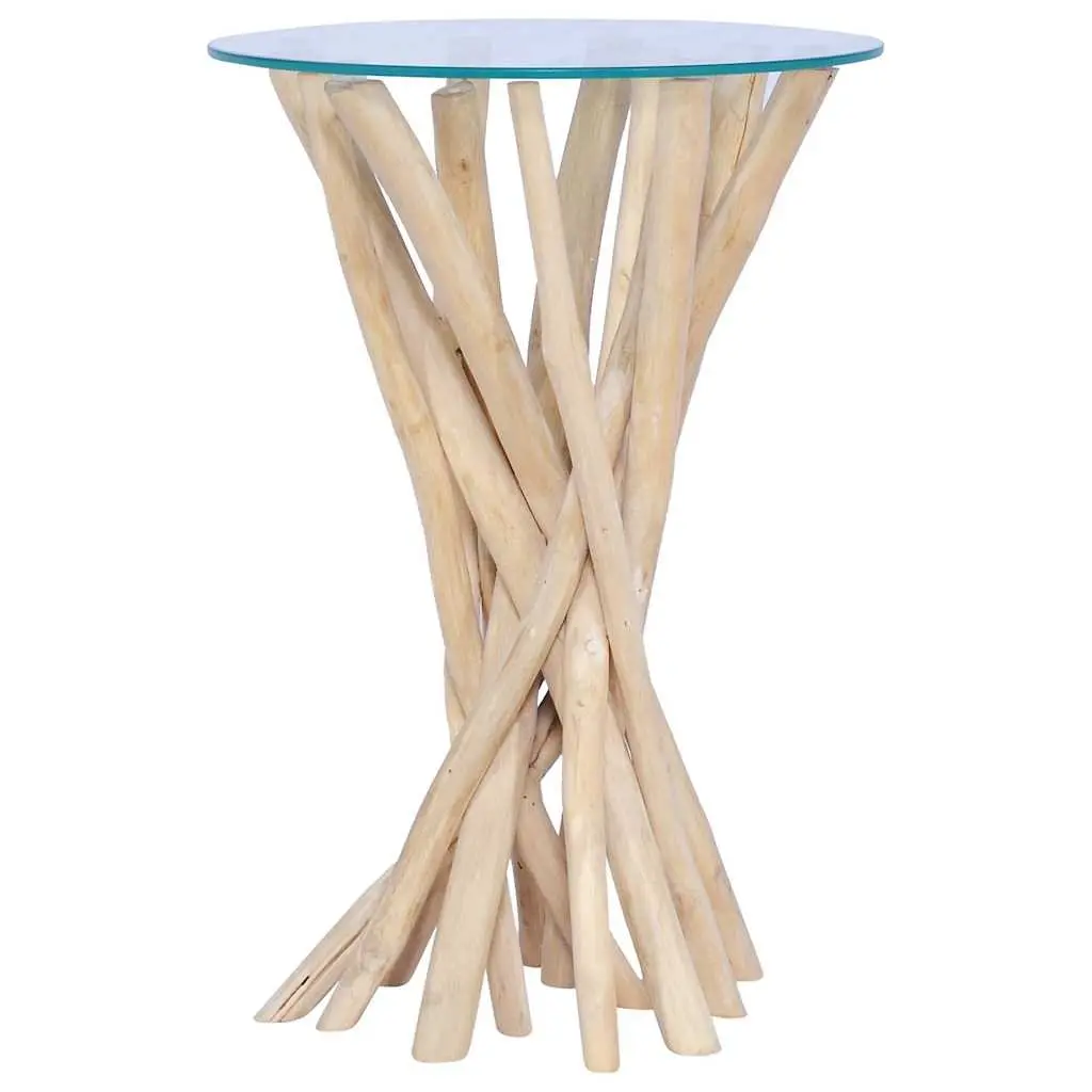 Accent Table Glass Top Brown Solid Teak Wood 35x35x50cm Coffee Table Living Room Side Table