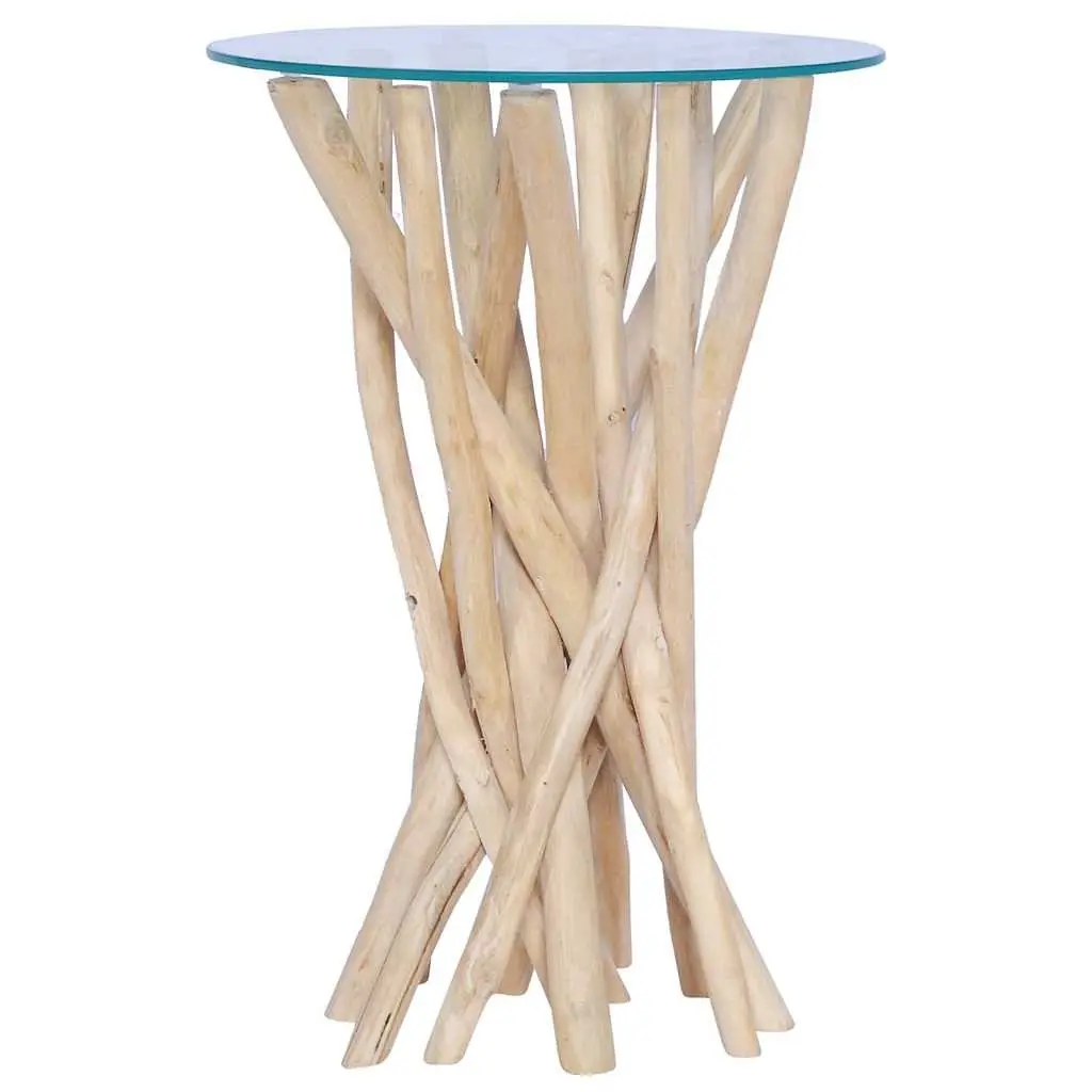 Accent Table Glass Top Brown Solid Teak Wood 35x35x50cm Coffee Table Living Room Side Table