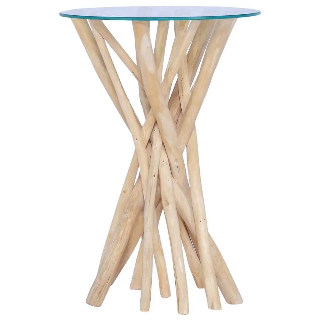 Accent Table Glass Top Brown Solid Teak Wood 35x35x50cm Coffee Table Living Room Side Table