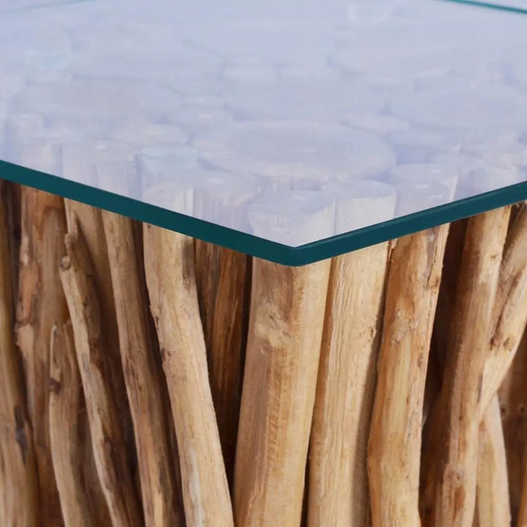 Coffee Table Solid Teak Wood Glass Top Living Room Accent Side Table 66x66x40cm