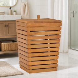 Laundry Basket 30x30x45cm Brown Slatted Design Storage Bin Wooden Household