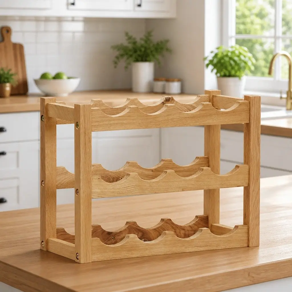 Freestanding Wine Rack Rustic Solid Oak Wood Brown for 6 Bottles Storage Organiser