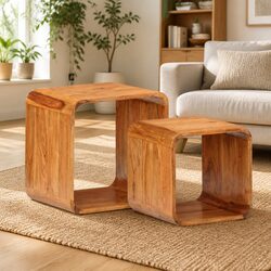 End Tables 2 pcs Solid Acacia Wood Side Table Brown Accent Furniture