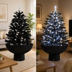 Black Artificial Christmas Tree 75cm Snowing Lights Ornaments Festive Decoration