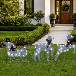 Christmas Reindeer Sleigh Decoration 60 LED Lights Outdoor Garden Silver Mesh