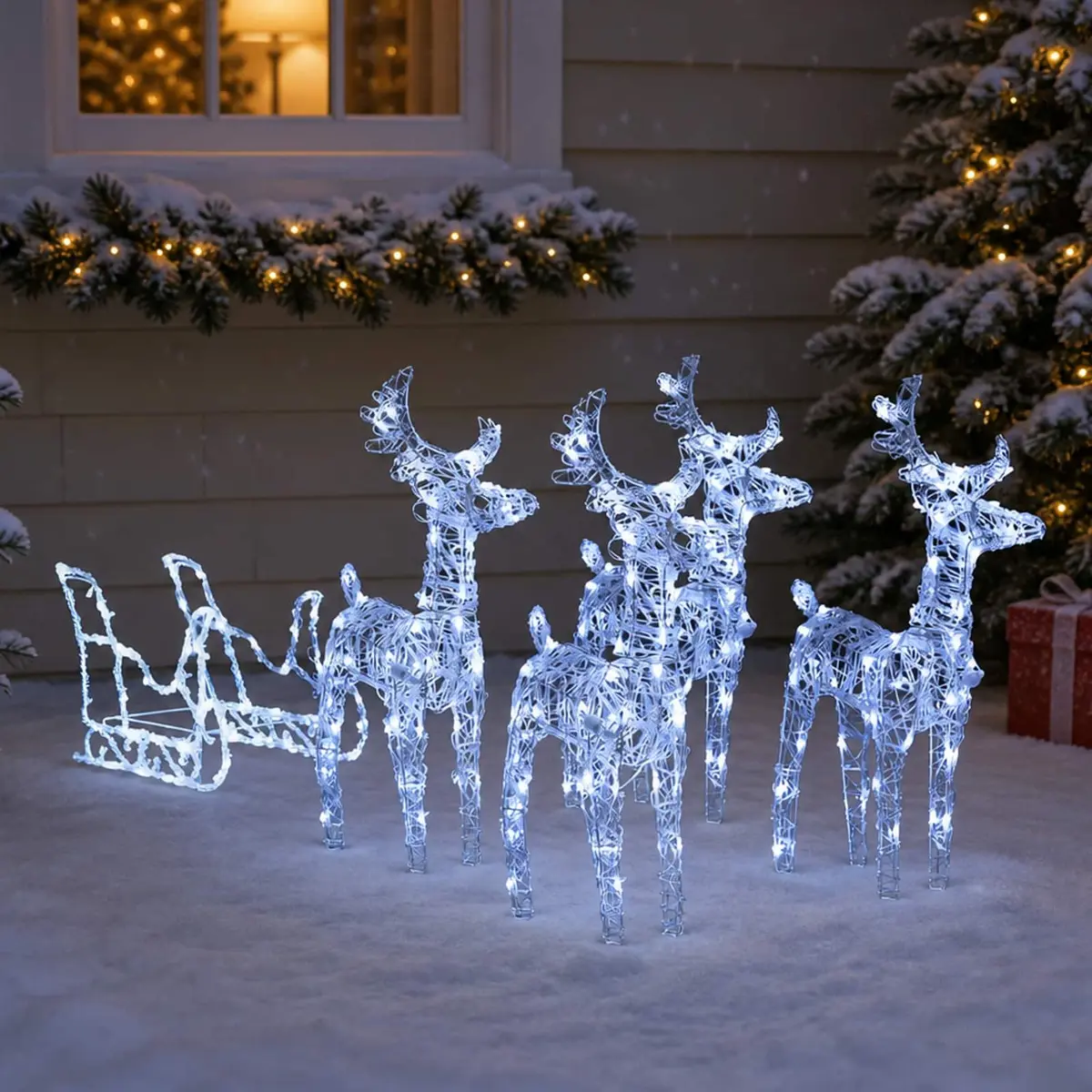Christmas Reindeer Sleigh Decoration Acrylic PVC 280 x 28 x 55 cm Cold White LED Lights