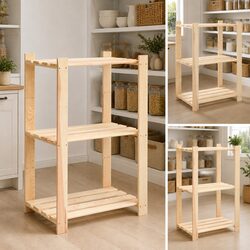 3-Tier Solid Wood Storage Rack Set of 3 Brown Shelving Unit 60x38x90 cm