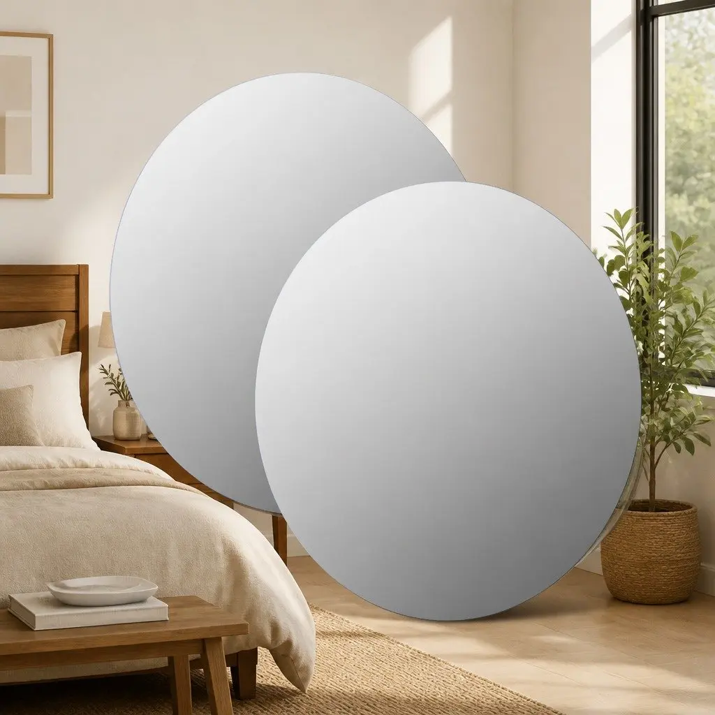 Round Wall Mirror Glass 60 cm Silver Set of 2