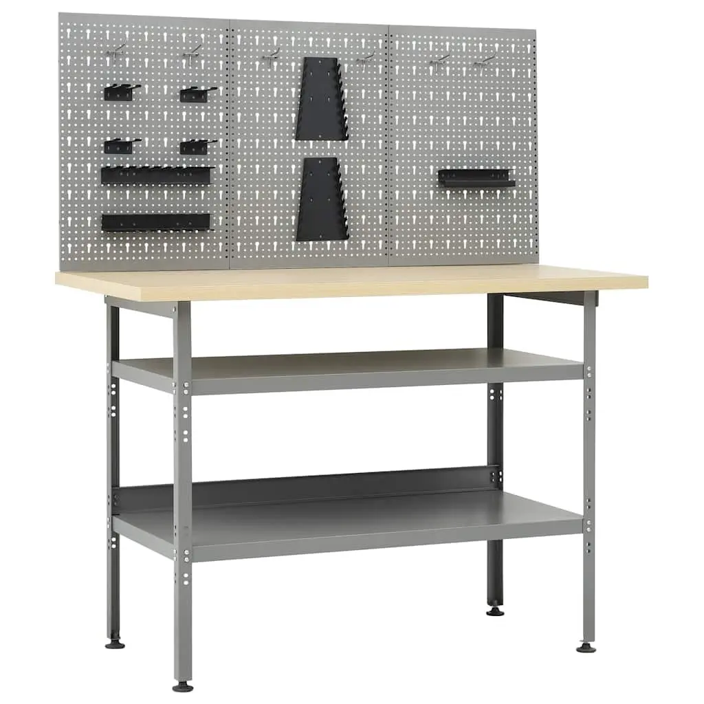 Workbench Steel Grey with 3 Wall Panels Heavy Duty Tool Storage for Workshop Garage