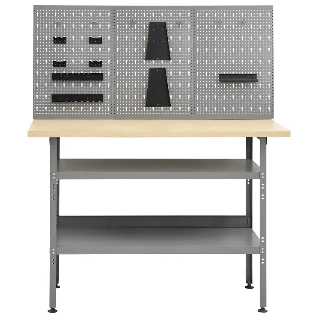 Workbench Steel Grey with 3 Wall Panels Heavy Duty Tool Storage for Workshop Garage