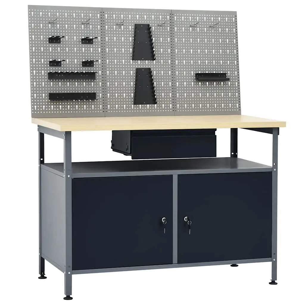 Workbench with 3 Wall Panels Black Steel Storage Tool Organization Workshop