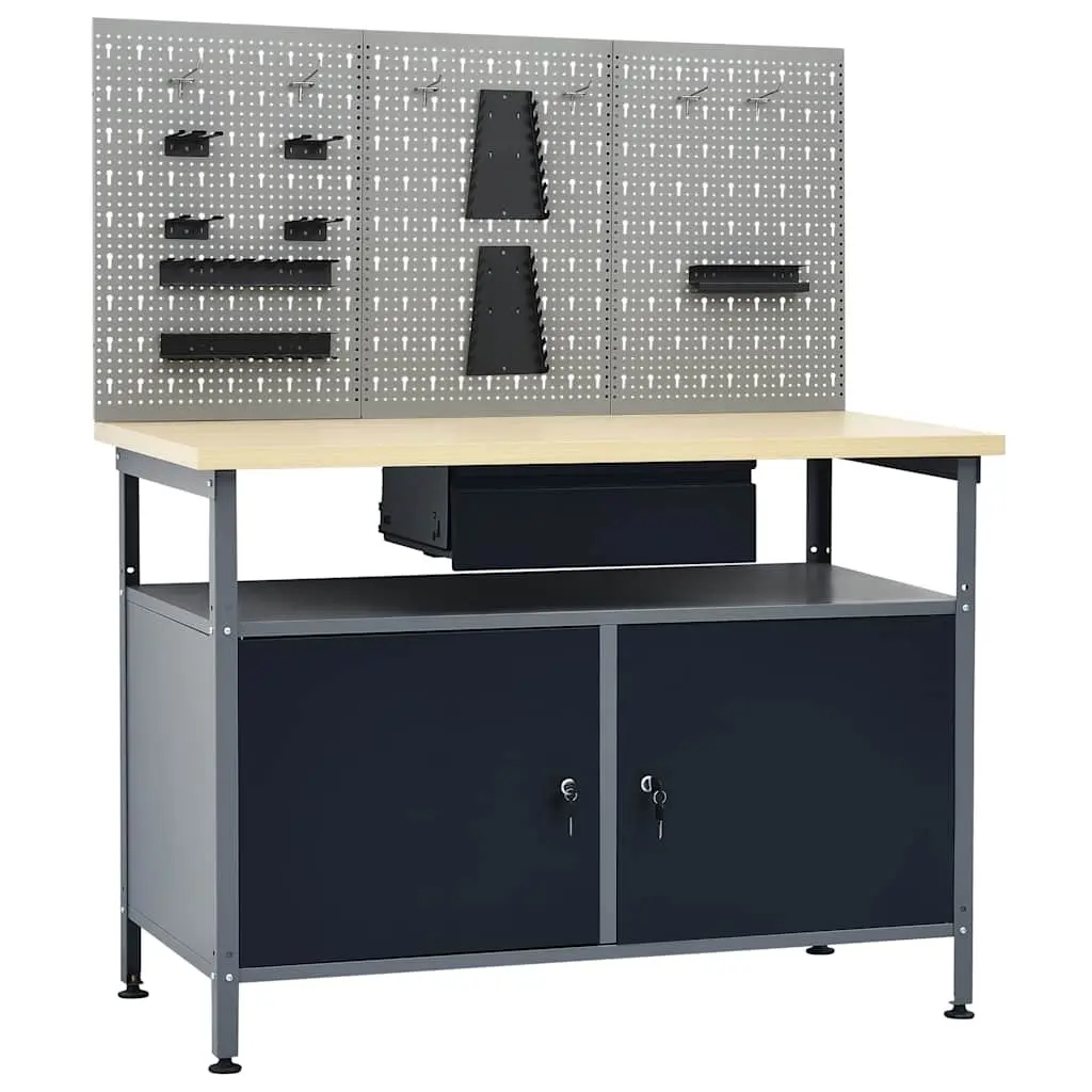 Workbench Steel Black 120 cm with 3 Wall Panels Tool Storage Organization