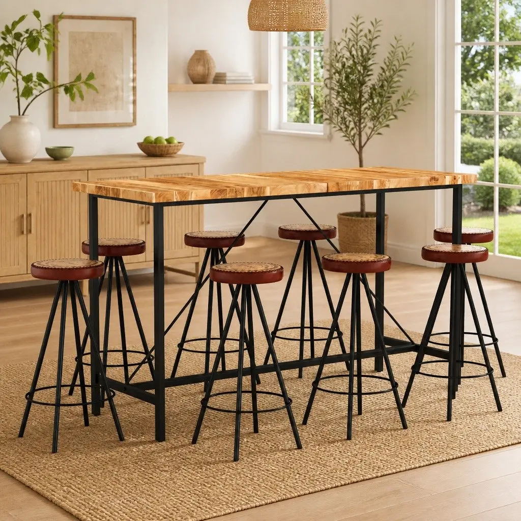 9 Piece Bar Set with Stools Solid Wood Industrial Style Kitchen Dining Furniture