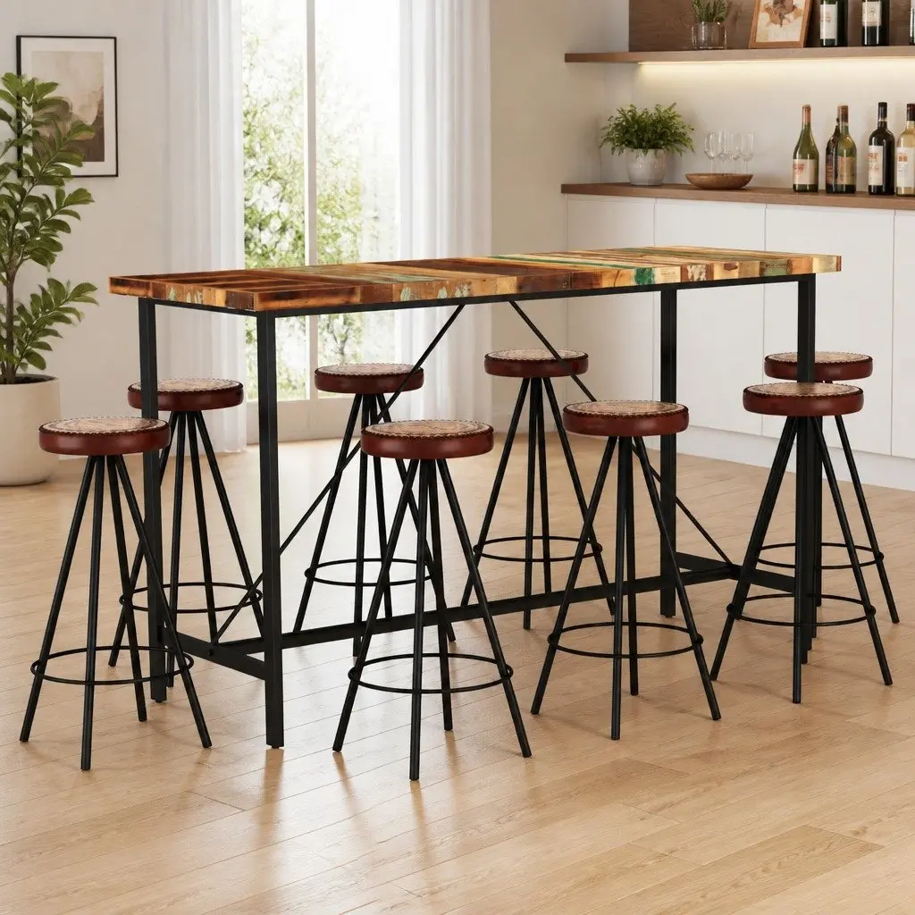 Bar Set Solid Reclaimed Wood 9 Piece Industrial Dining Table Stools Brown