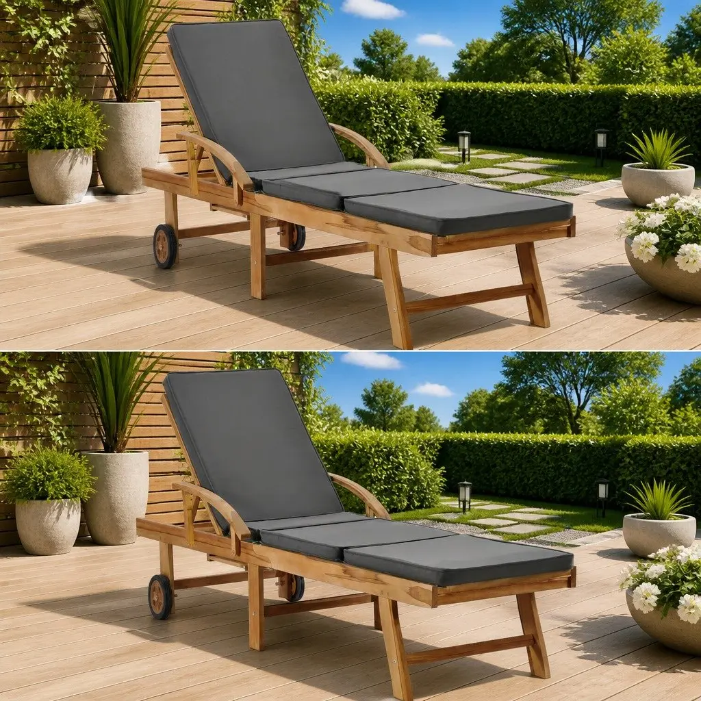 Sun Loungers Outdoor Garden Furniture Teak Wood Lounger Chair with Cushion 2 pcs