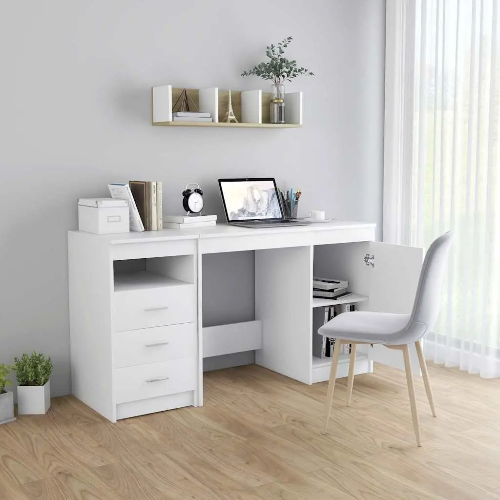 Office Desk Engineered Wood 140cm x 50cm x 76cm White with Storage Drawers and Door