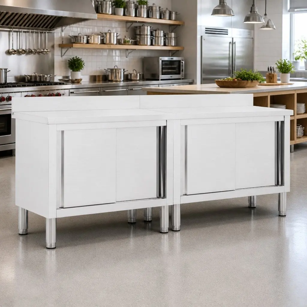 Stainless Steel Work Tables 200x50cm with Storage Sliding Doors for Commercial Kitchen