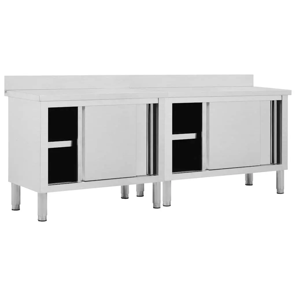 Stainless Steel Work Table with Sliding Door Storage 240 x 50 x 95-97 cm