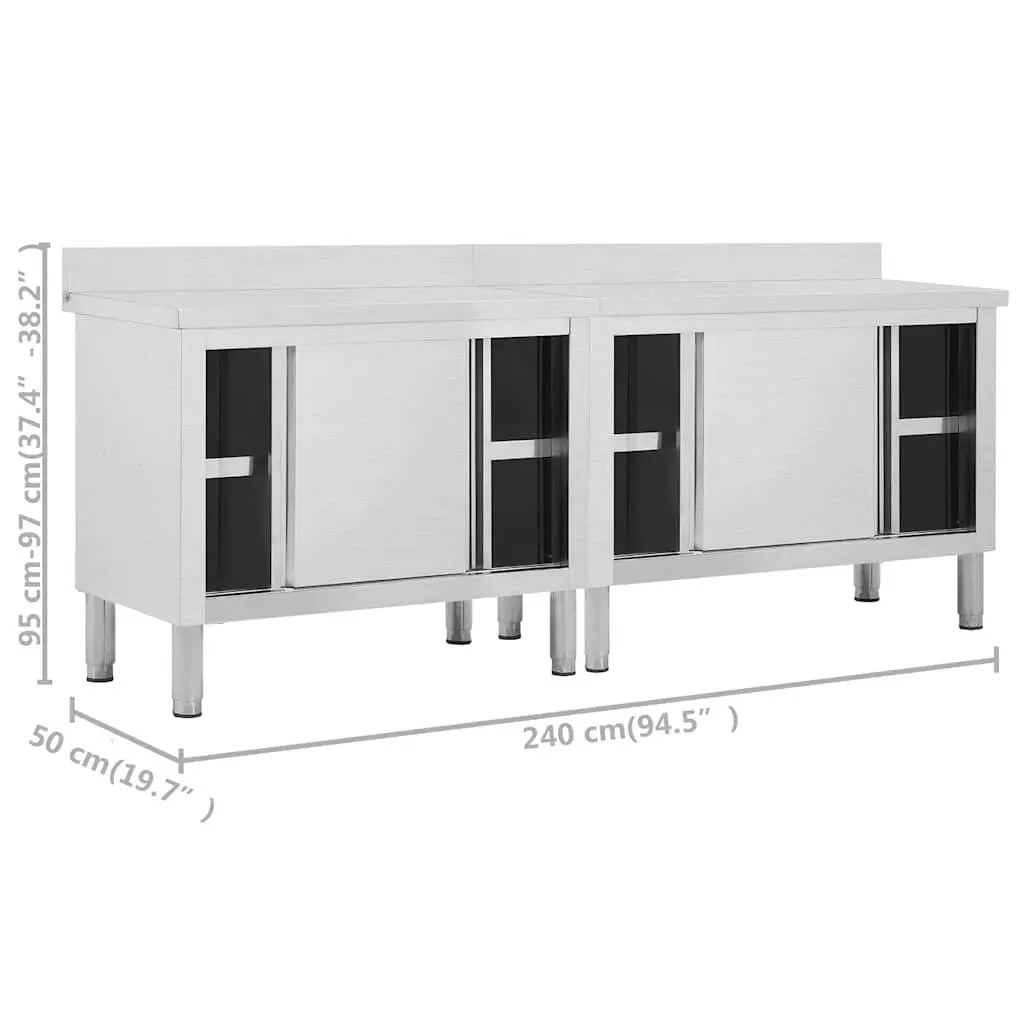 Stainless Steel Work Table with Sliding Door Storage 240 x 50 x 95-97 cm