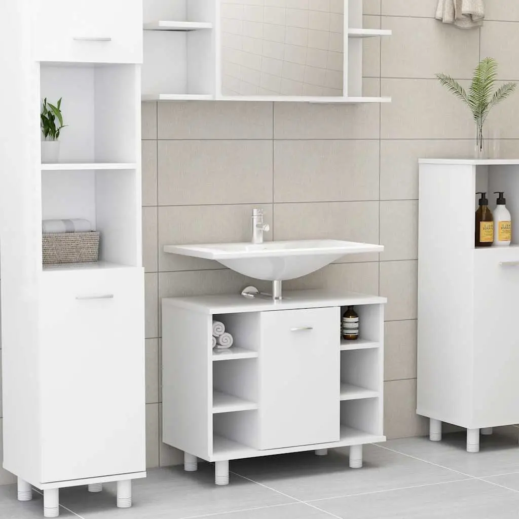 Bathroom Furniture Set Engineered Wood 3 Piece White Cabinet Mirror Storage Vanity