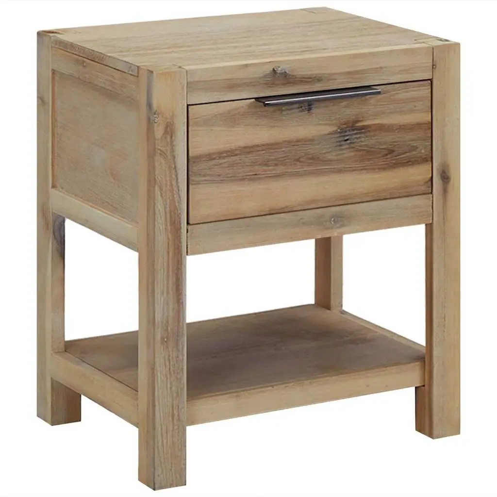 Nightstand Solid Acacia Wood Brown 40x30x48 cm with Drawer and Open Shelf Rustic End Table 2 Piece