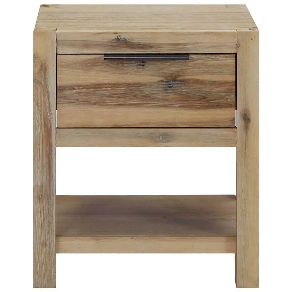 Nightstand Solid Acacia Wood Brown 40x30x48 cm with Drawer and Open Shelf Rustic End Table 2 Piece