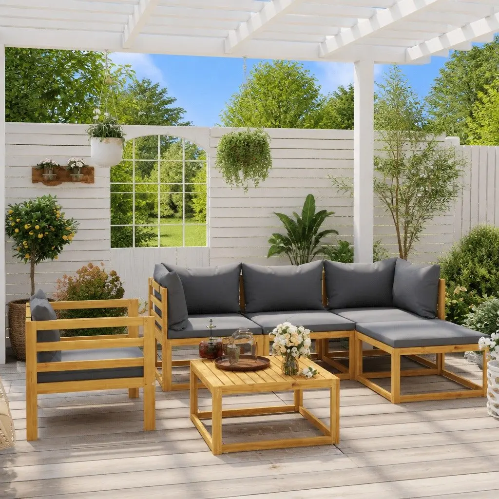 6 Piece Modular Garden Lounge Set Outdoor Furniture Acacia Wood Grey Sofa with Slatted Coffee Table and Removable Cushions