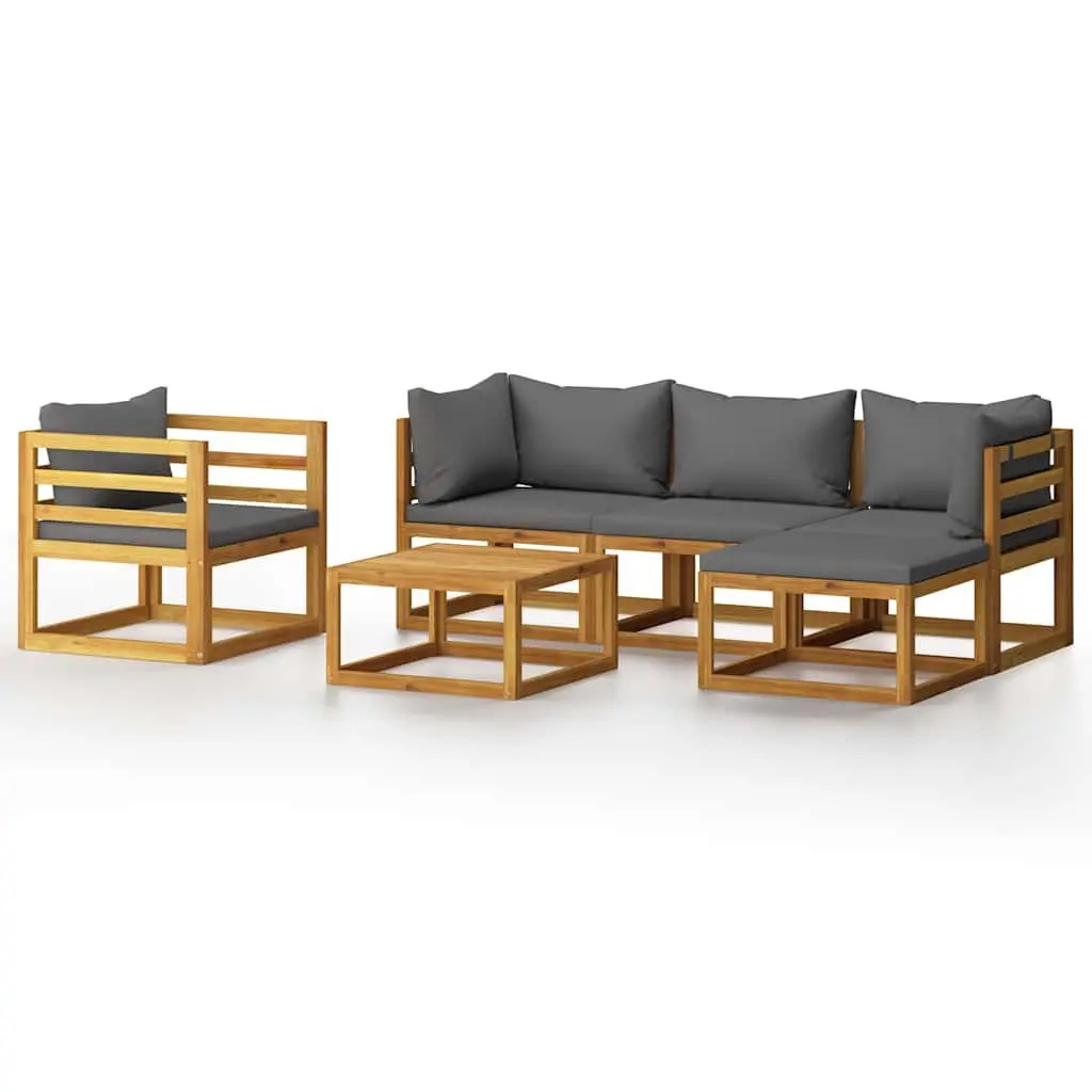 6 Piece Modular Garden Lounge Set Outdoor Furniture Acacia Wood Grey Sofa with Slatted Coffee Table and Removable Cushions