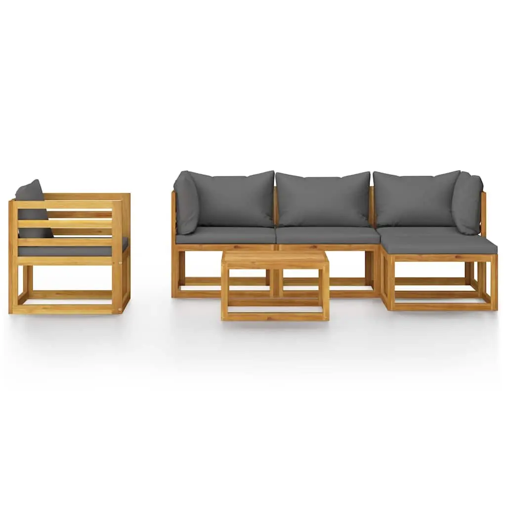 6 Piece Modular Garden Lounge Set Outdoor Furniture Acacia Wood Grey Sofa with Slatted Coffee Table and Removable Cushions
