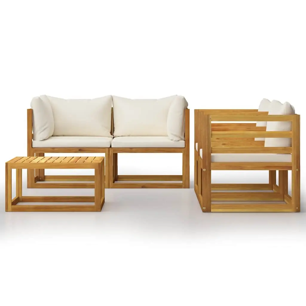5 Piece Outdoor Lounge Set Solid Acacia Wood Cream Modular Sofa Coffee Table with Cushions