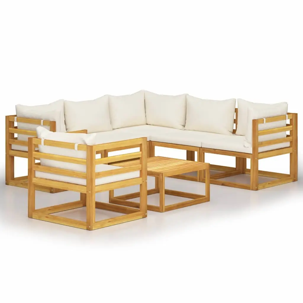 7 Piece Outdoor Lounge Set Solid Acacia Wood Modular Seating Cream with Removable Cushions and Slatted Coffee Table