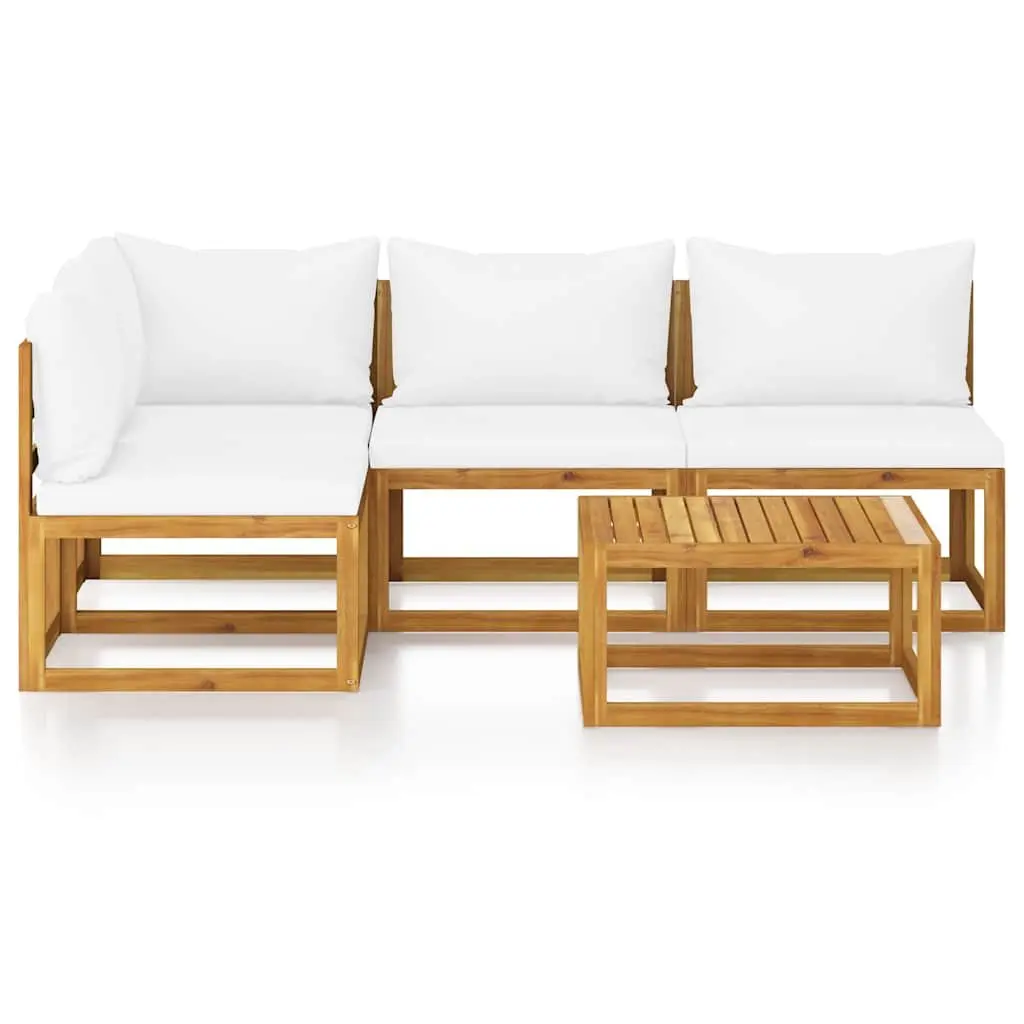 5 Piece Outdoor Lounge Set Solid Acacia Wood Cream Modular Sofa Coffee Table with Cushions