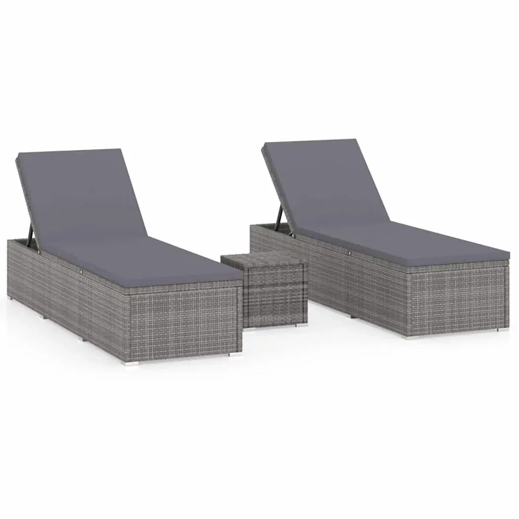 Sun Lounger Set PE Rattan 3 Piece Grey Outdoor Garden Chaise Lounge with Tea Table