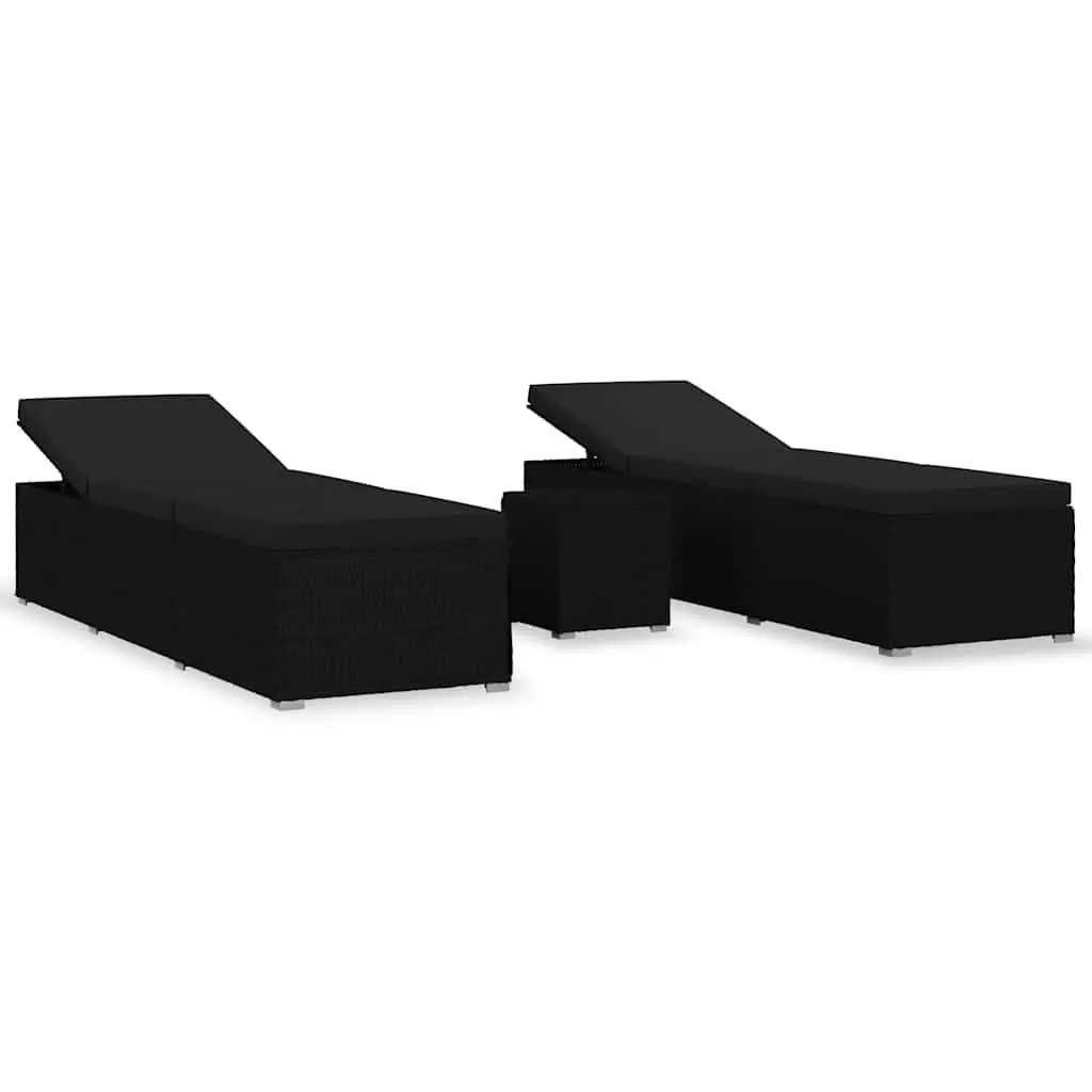 3 Piece Sun Lounger Set PE Rattan Adjustable Backrest Black