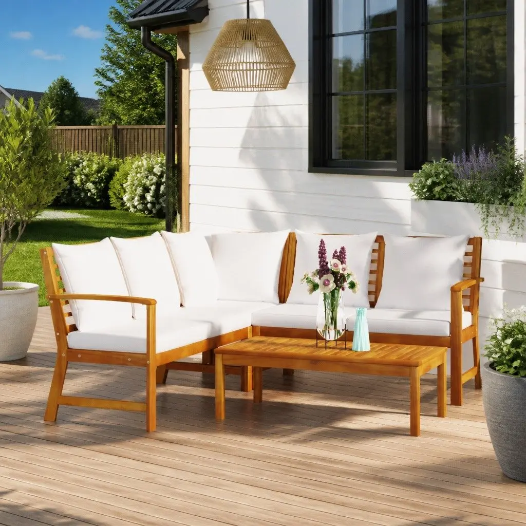 4 Piece Garden Lounge Set Solid Acacia Wood Outdoor Patio Sofa Coffee Table Cushion Cream