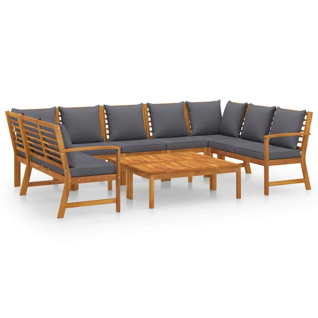 9 Piece Modular Garden Lounge Set Solid Acacia Wood Frame Grey Cushion Outdoor Furniture Patio Sofa Coffee Table