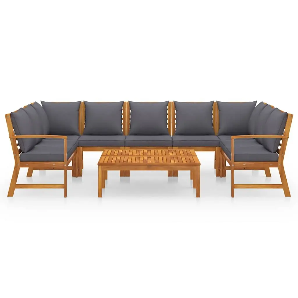 9 Piece Modular Garden Lounge Set Solid Acacia Wood Frame Grey Cushion Outdoor Furniture Patio Sofa Coffee Table