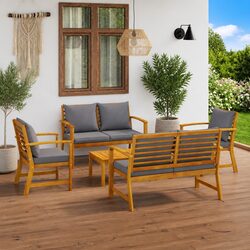 5 Piece Outdoor Acacia Wood Lounge Set with Cushions