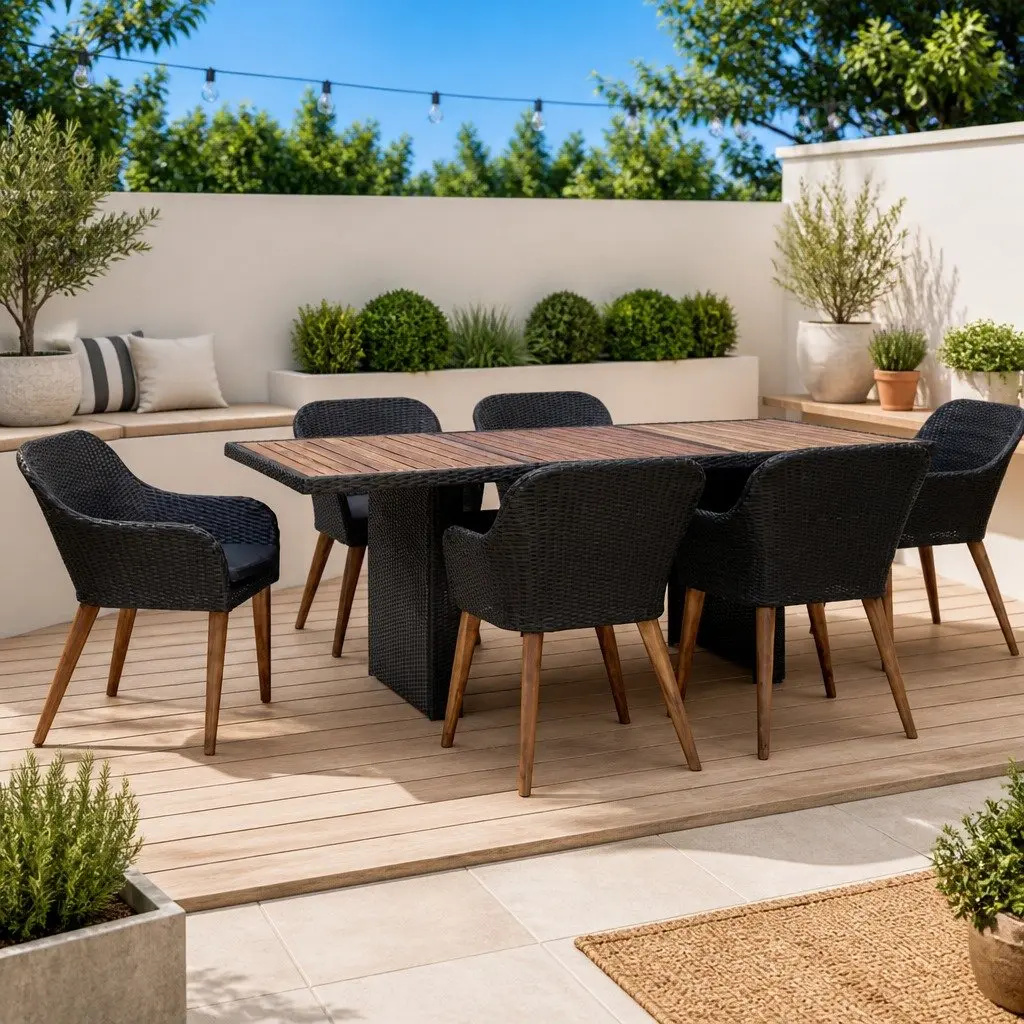 7 Piece Patio Dining Set Black Rattan Furniture with Cushions Acacia Wood Table