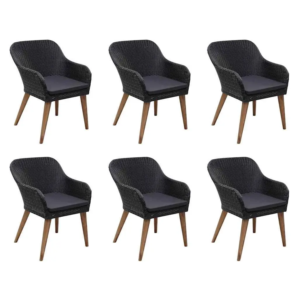 7 Piece Patio Dining Set Black Rattan Furniture with Cushions Acacia Wood Table