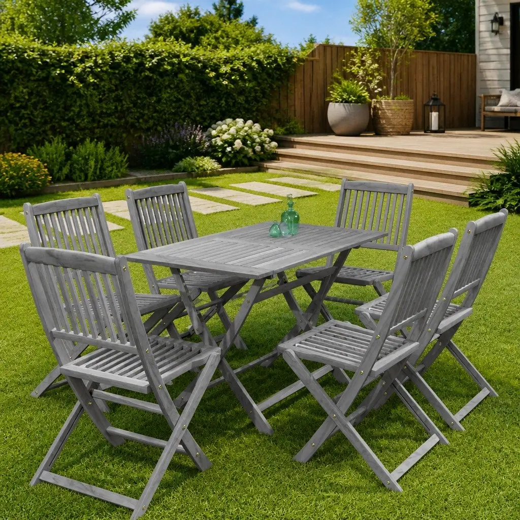 7 Piece Outdoor Dining Set Folding Acacia Wood Table Chairs Grey