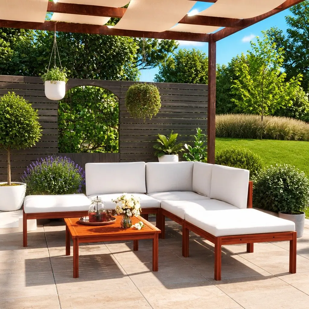 Garden Lounge Set 6 Piece Acacia Wood Rope Backrest White Outdoor Furniture