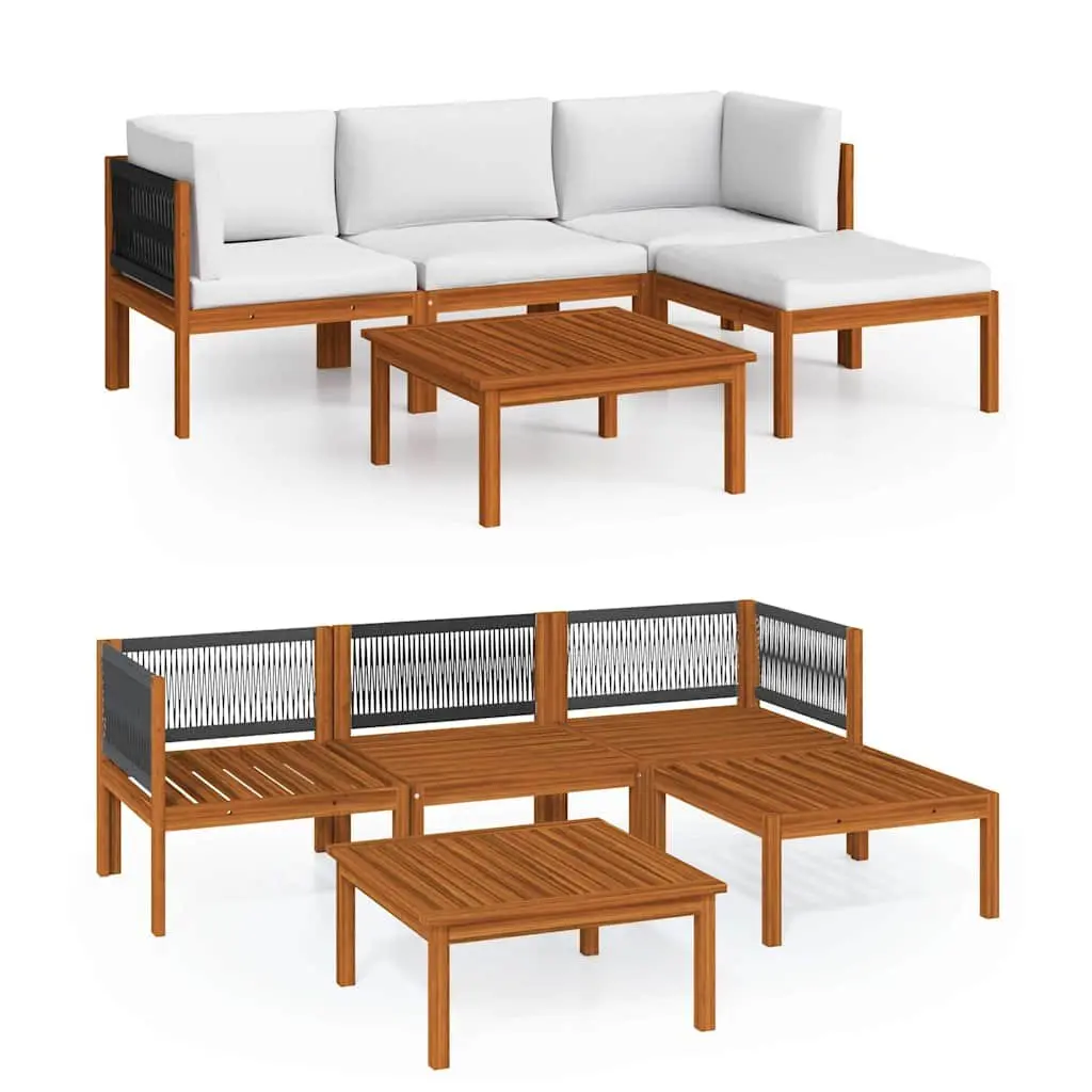 Garden Lounge Set 5 Piece Outdoor Furniture Solid Acacia Wood Rope Backrest White Cream